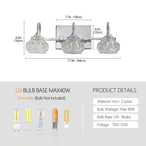 17" Brushed Nickel Finish Vintage Crystal Vanity Light   (No Bulbs)
