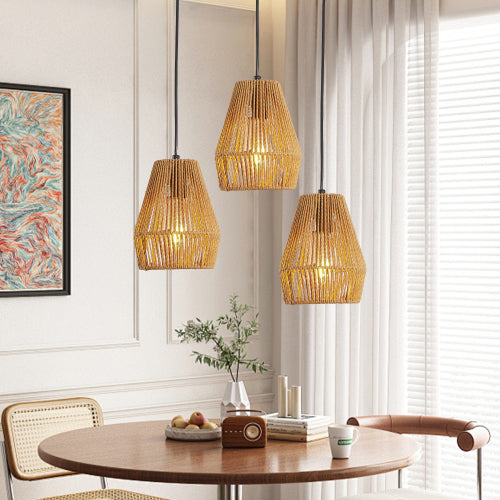 Set of 3 Rustic Hemp Rope Pendant Lights – Handcrafted Farmhouse Charm