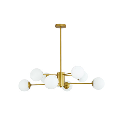 35" Modern 8-Light Gold Chandelier with White Glass Globe Shades (No Bulbs)