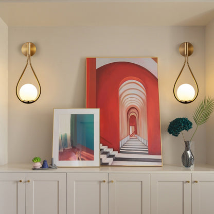 Modern Golden Wall Sconces – Set of 2 Mid-Century Opal Globe Lights