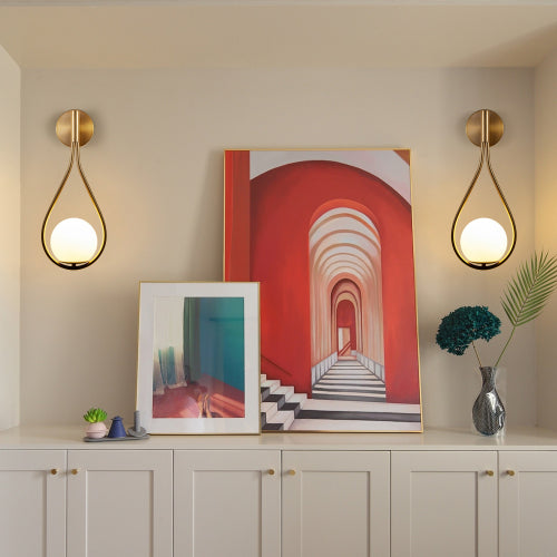 Modern Golden Wall Sconces – Set of 2 Mid-Century Opal Globe Lights