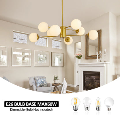 35" Modern 8-Light Gold Chandelier with White Glass Globe Shades (No Bulbs)