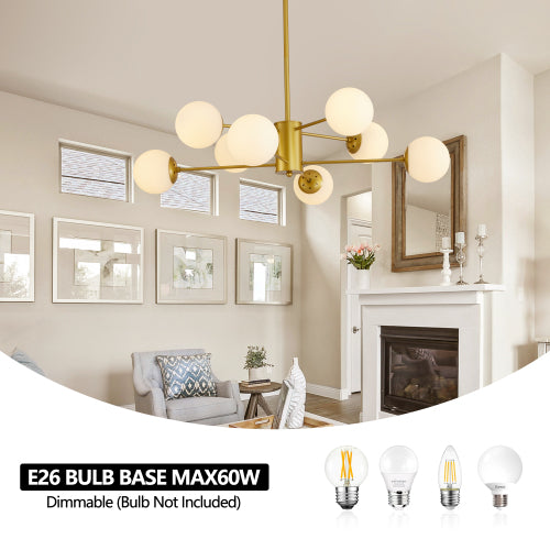 35" Modern 8-Light Gold Chandelier with White Glass Globe Shades (No Bulbs)