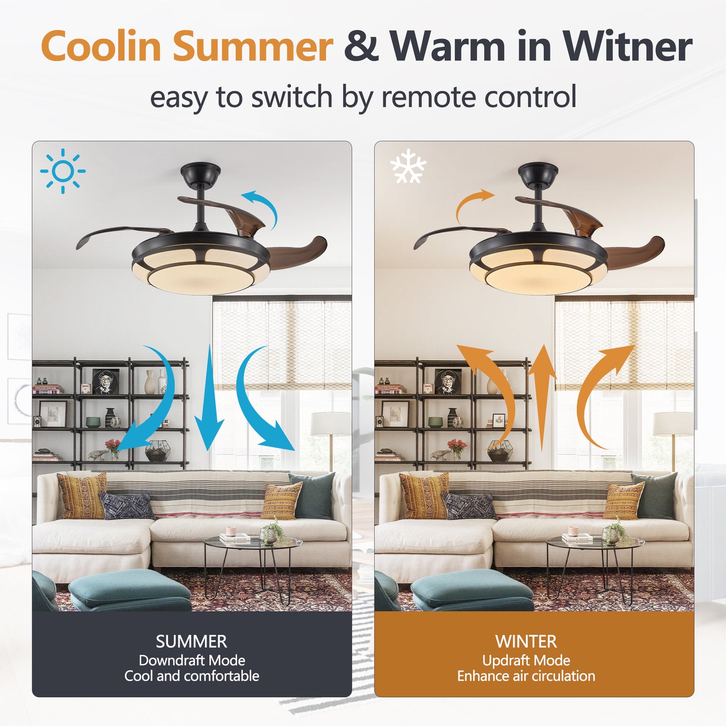 18" Retractable Ceiling Fan with LED Light – Smart, Silent &amp; Stylish