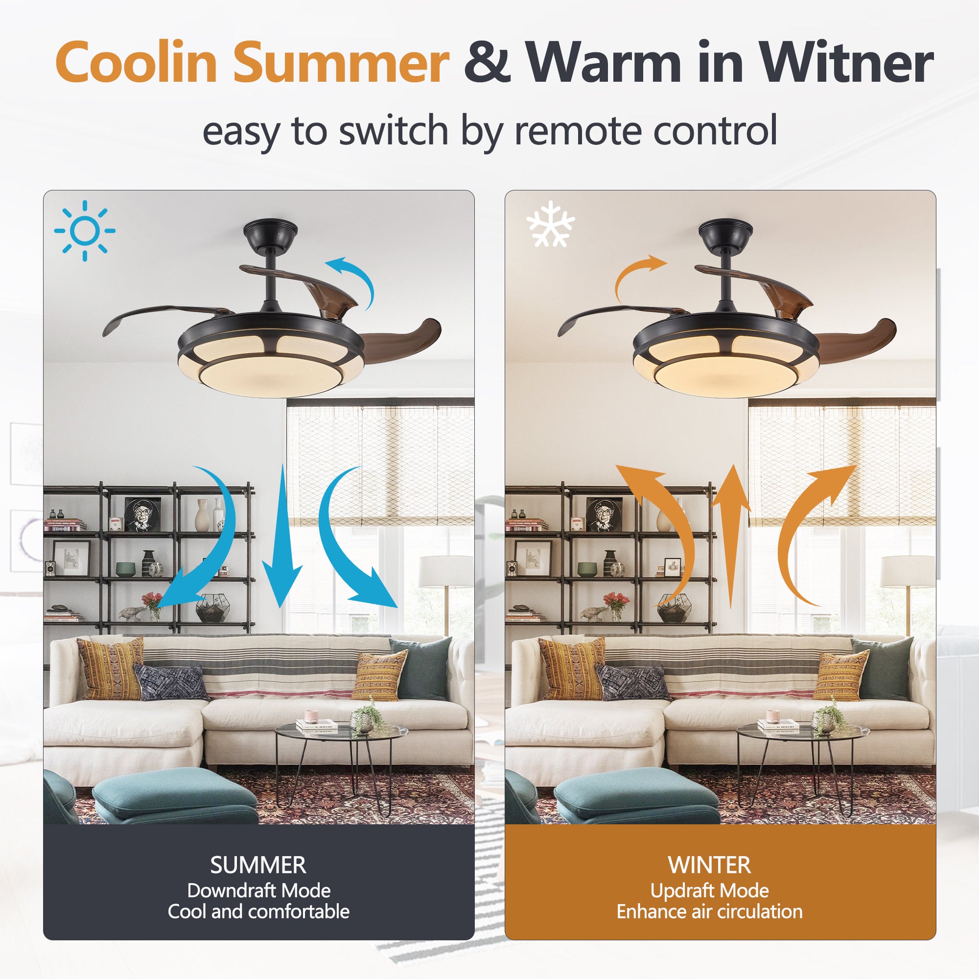 18" Retractable Ceiling Fan with LED Light – Smart, Silent &amp; Stylish