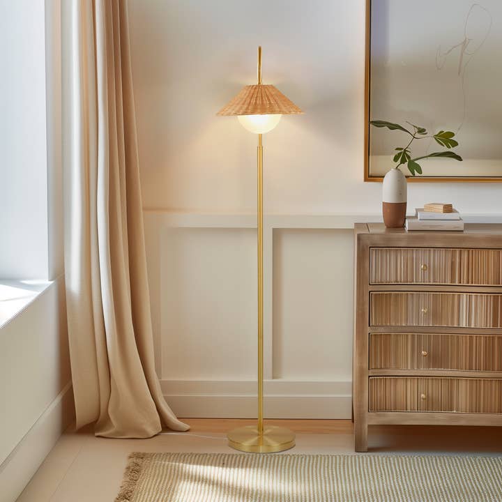 Rattan Weave Shade Floor Lamp, Gold/Natural