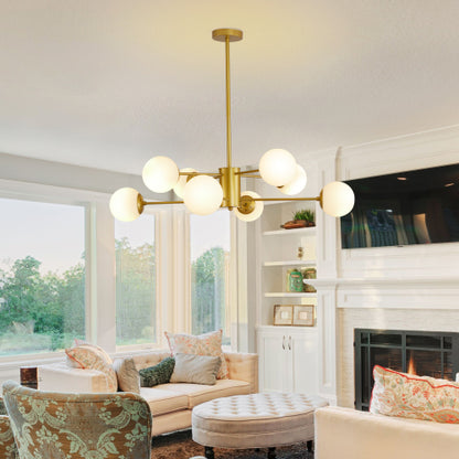 35" Modern 8-Light Gold Chandelier with White Glass Globe Shades (No Bulbs)