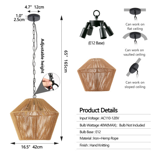 17" Boho Hemp Rope Pendant Light -Handcrafted Farmhouse Elegance