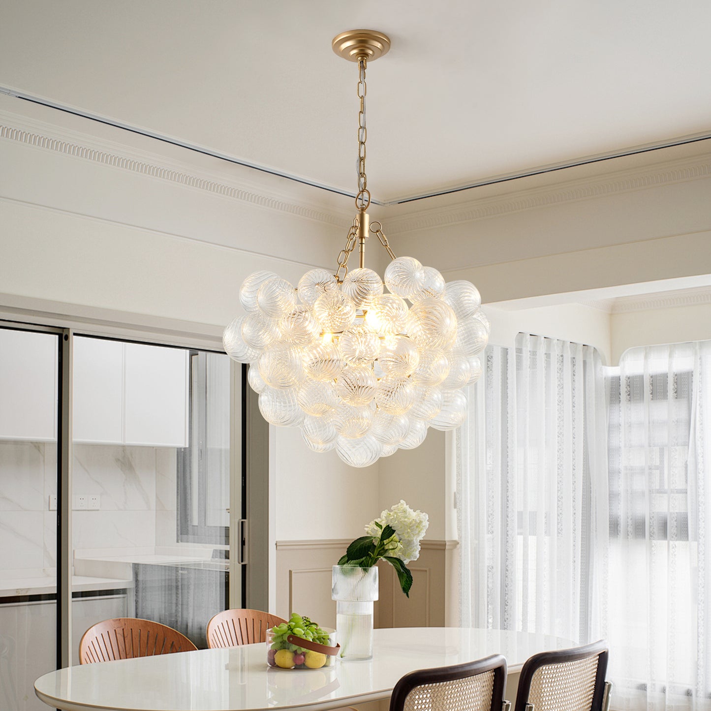 Gold Pendant Light Chandelier with Threaded Clear Glass Globe Shade